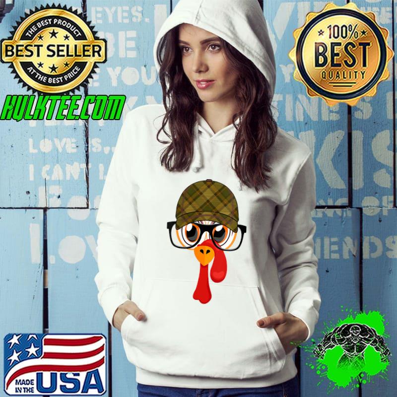 Thanksgiving Cartoon Little Turkey Face Tartan Cap & Glasses T-Shirt
