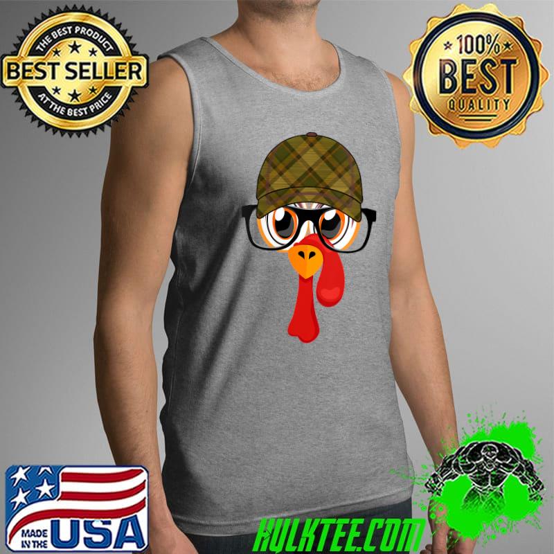 Thanksgiving Cartoon Little Turkey Face Tartan Cap & Glasses T-Shirt Tank Top Thanksgiving Cartoon Little Turkey Face Tartan Cap & Glasses T-Shirt Tank Top