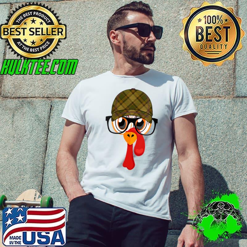 Thanksgiving Cartoon Little Turkey Face Tartan Cap & Glasses T-Shirt Unisex Thanksgiving Cartoon Little Turkey Face Tartan Cap & Glasses T-Shirt Unisex
