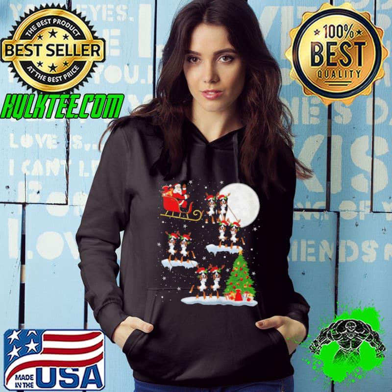XMAS LIGHTING TREE SANTA RIDING BERNESE MOUNTAIN CHRISTMAS SHIRT