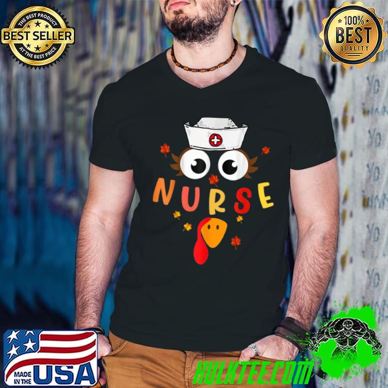 Awesome Thanksgiving Turkey Face With Hat Nurse Family Costume T Shirt