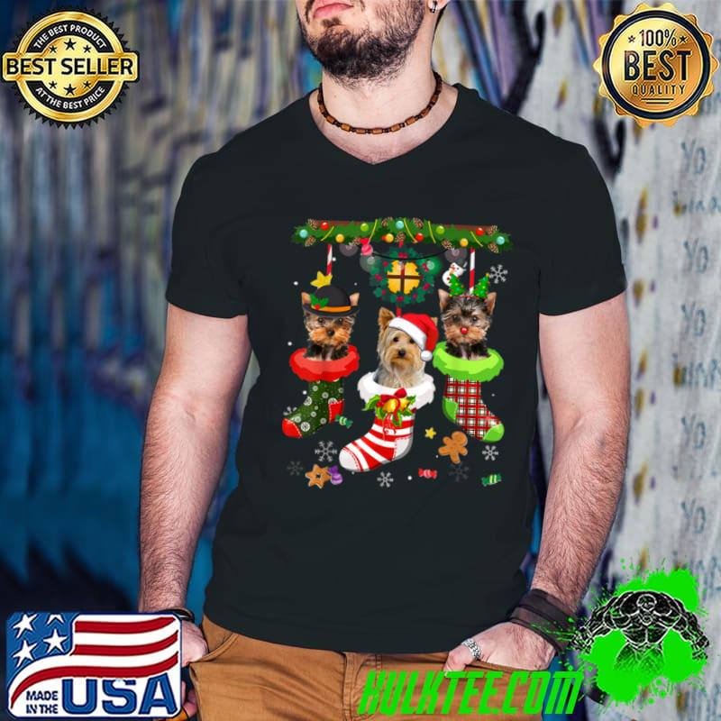 Awesome Yorkie In Socks Christmas Santa Hat Xmas Lights Dog Lovers T Shirt
