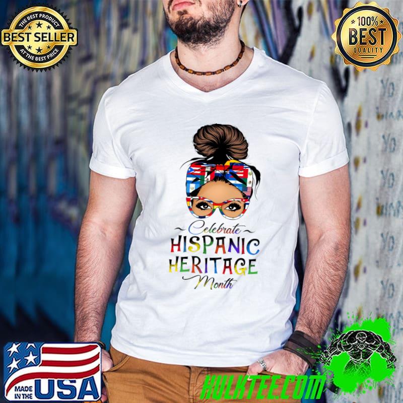 Celebrate Hispanic Heritage Month Bun Hair Woman in Glasses T-shirt