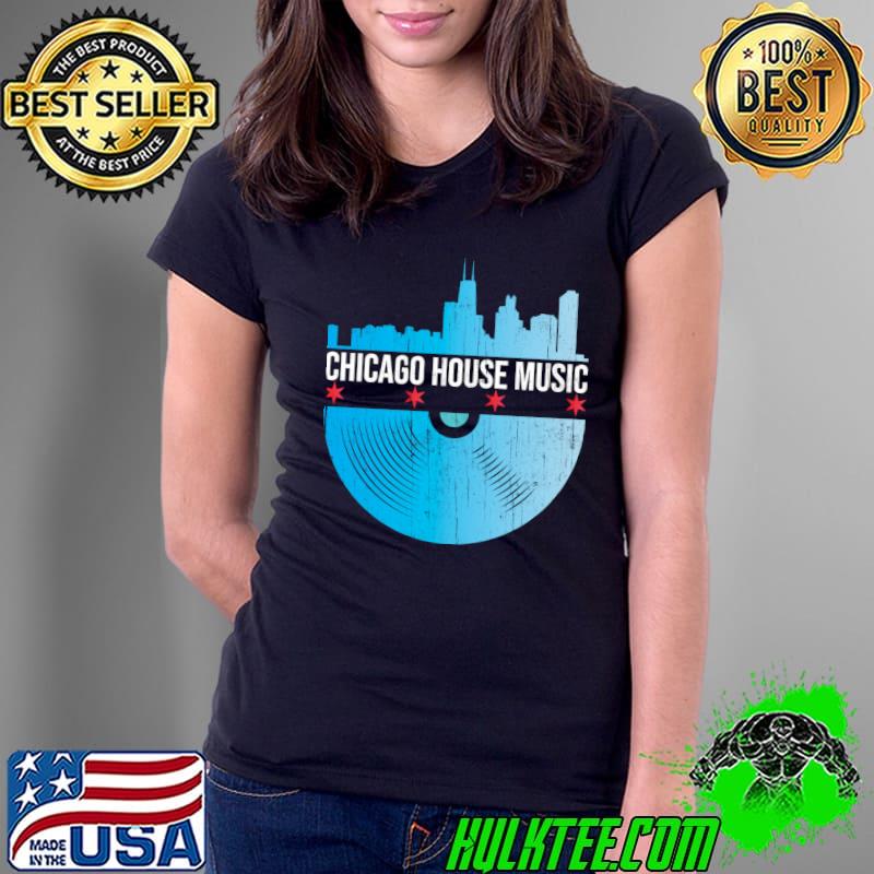 Chicago House Music - Skyline Vinyl Record DJ Rave T-s Ladies Tee Chicago House Music - Skyline Vinyl Record DJ Rave T-s Ladies Tee