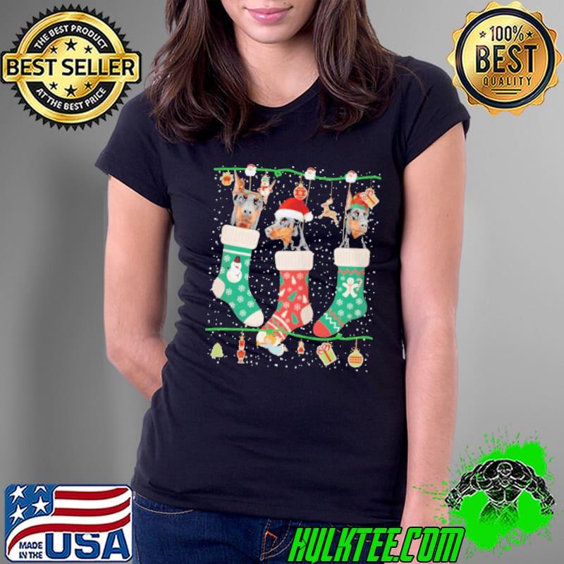 Christmas doberman in sock xmas reindeer santa elf dog s Ladies Tee Christmas doberman in sock xmas reindeer santa elf dog s Ladies Tee