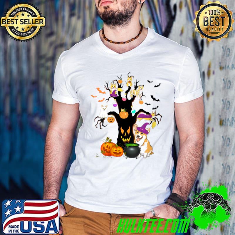 Cute Corgi Dog Witch Scary Tree Halloween Costume Dog Lover T-Shirt