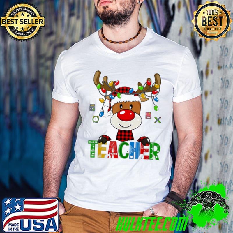 Funny Christmas Teacher Squad Reindeer Buffalo Plaid Teacher Xmas Shirt
