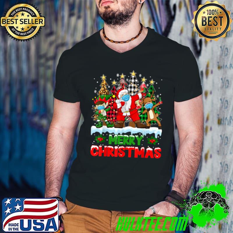 Funny Dabbing Santa Elf Mask Christmas Trees Leopard Buffalo Plaid T Shirt