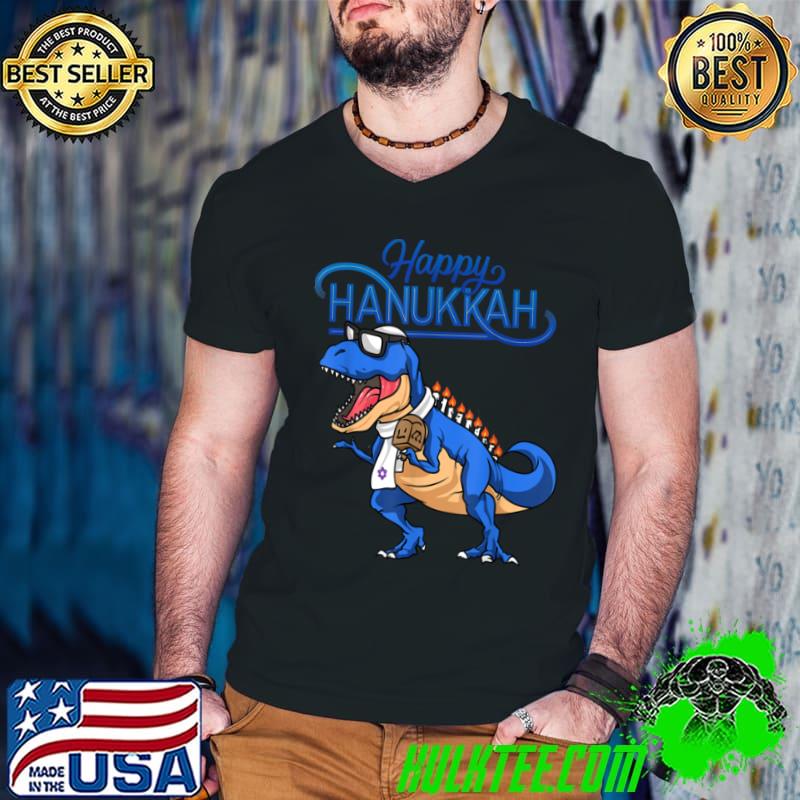 Funny Happy Hanukkah T Rex Dinosaur Boys Men Menora Hanukkah T Shirt