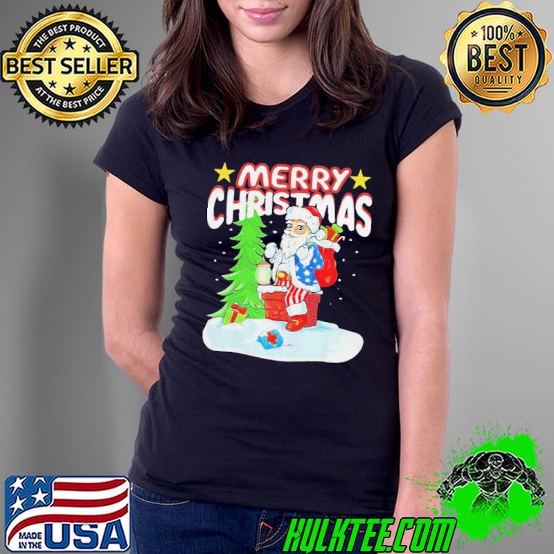 Nice Cute Patriotic American Flag Santa Claus Chimney Christmas Shirt Ladies Tee Nice Cute Patriotic American Flag Santa Claus Chimney Christmas Shirt Ladies Tee