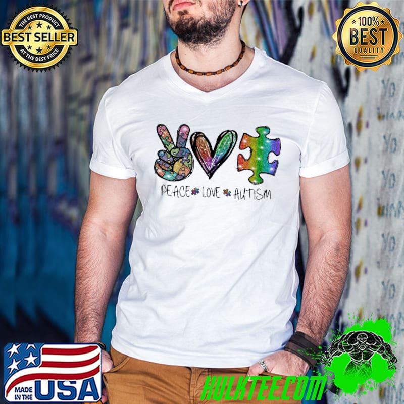 Nice peace Love Autism Awareness Glitter Rainbow Puzzle Pieces Shirt