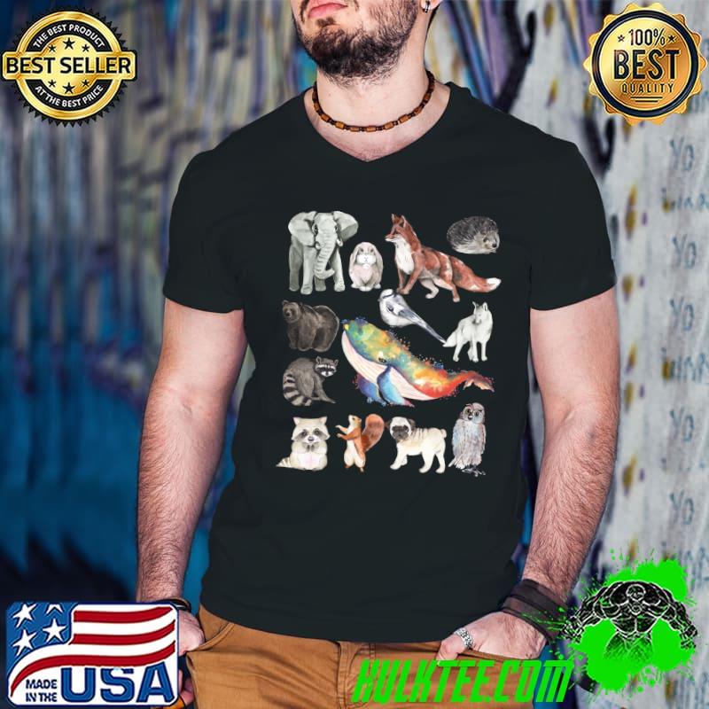 Official animal collage Elephant Fox Racoon Whale Dog Owl T-Shirt