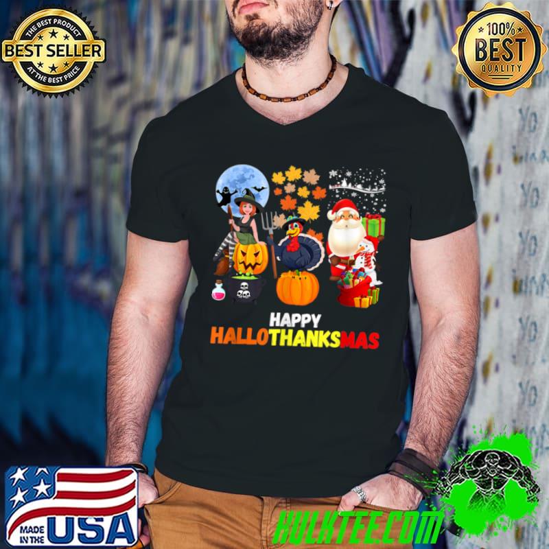 Official Happy Hallothanksmas Funny Halloween Thanksgiving Christmas T Shirt