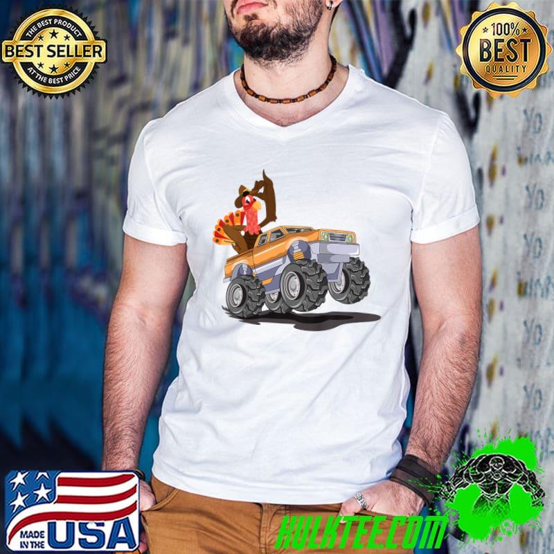 Official kids Thanksgiving Funny Cute Awesome Turkey Riding Monster Truck T-Shirt