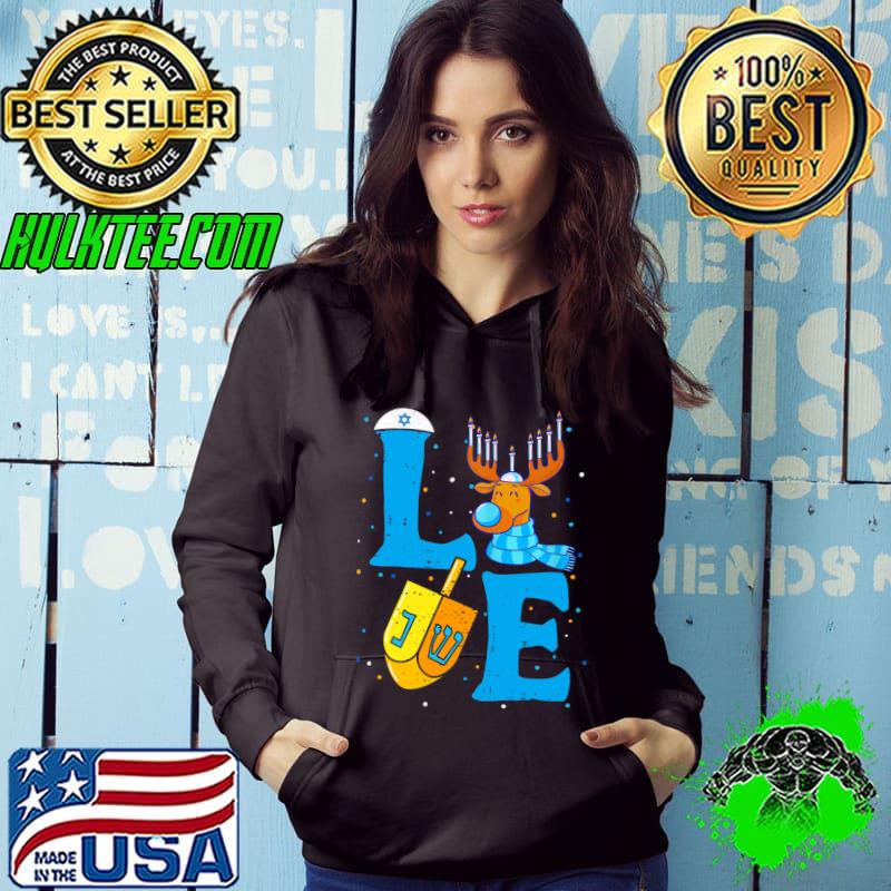 Original lOVE Cute Reindeer Hanukkah Decorations Dreidel Menorah T-shirt