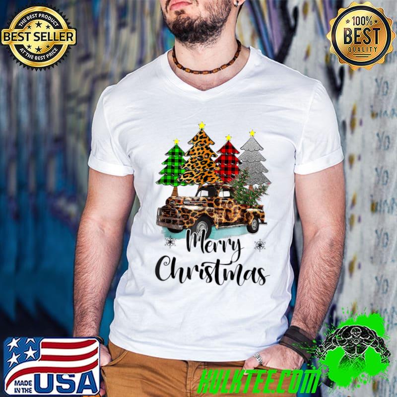 Original Merry Christmas Leopard Print Buffalo Plaid Red Truck T-Shirt