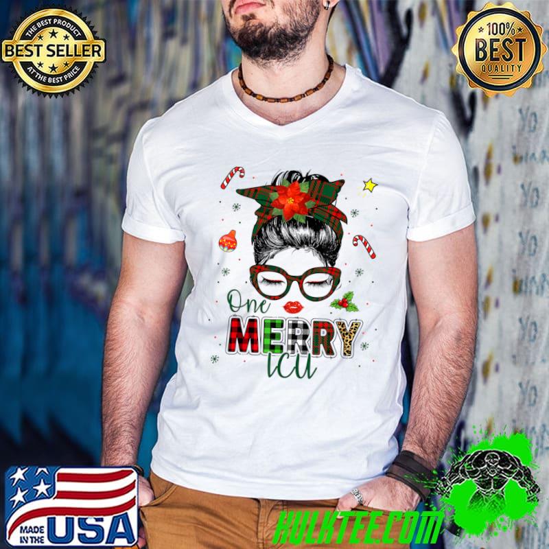 Original One Merry ICU Messy Bun Santa Hat Nurse Life Xmas Pajama T-Shirt