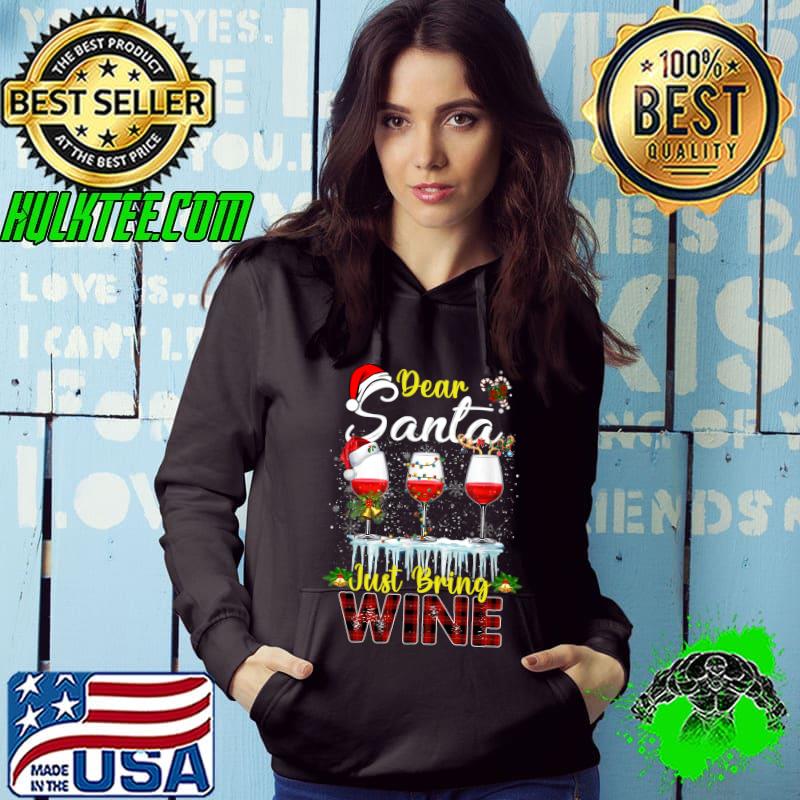 Premium Dear Santa Just Bring Wine Plaid Santa Hat Christmas Pajama T-Shirt