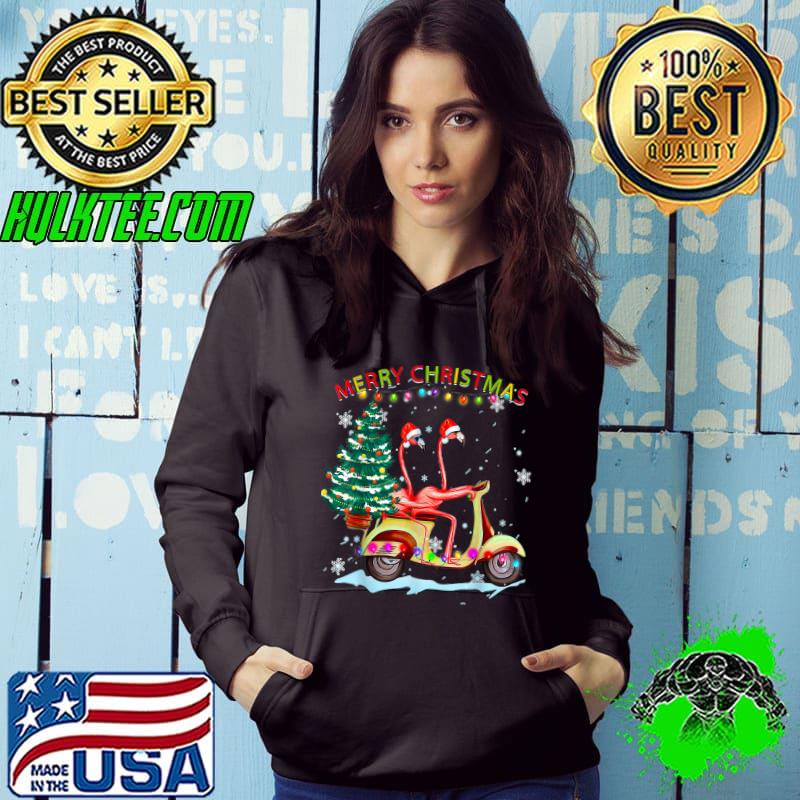 Premium Flamingo Santa Hat Xmas Light Motobike Christmas Holiday T-Shirt