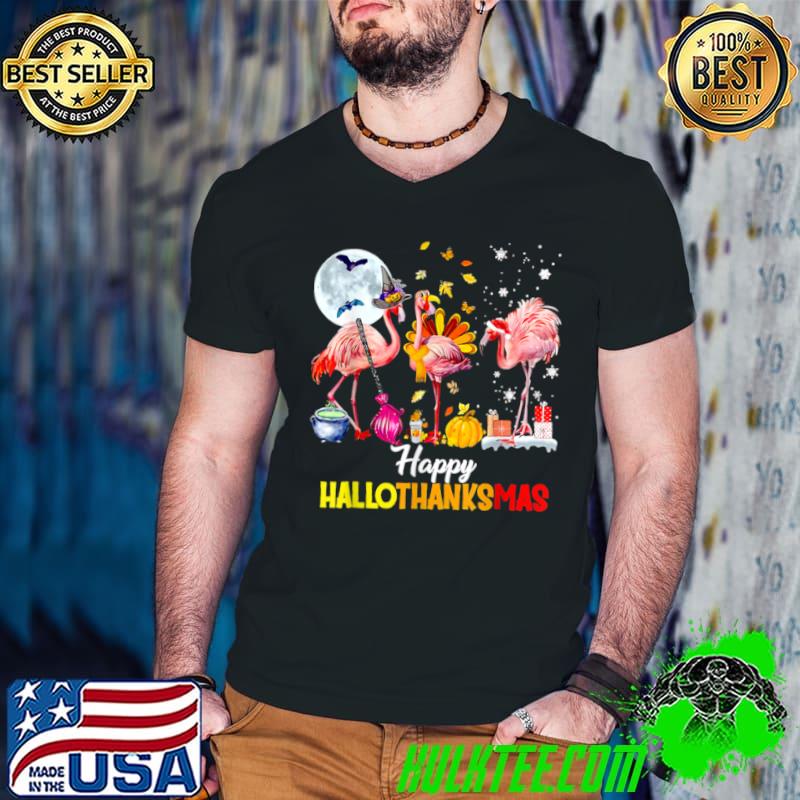 Top Flamingo Happy HalloThanksmas Funny Halloween Thanksgiving T Shirt