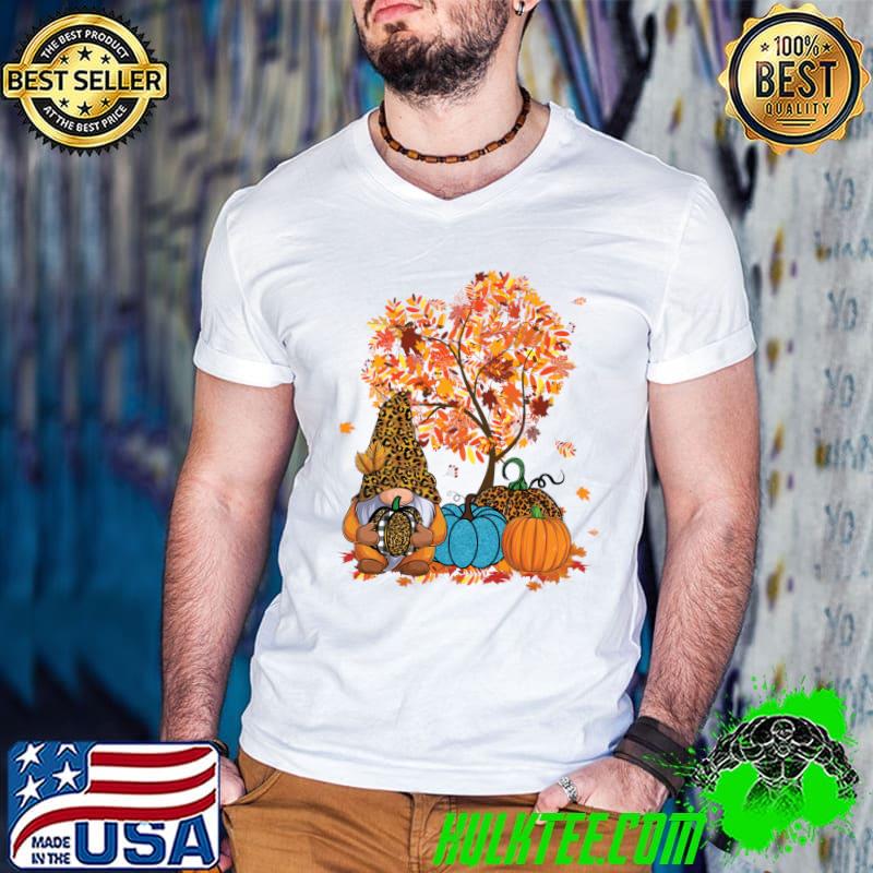 Top gnome Leopard Pumpkin Tree Leaves Autumn Thanksgiving T-Shirt
