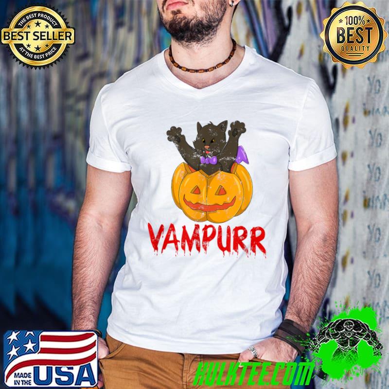 Vampurr Cat Halloween Kitten Vampire Cat Costume & Pumpkin T-Shirt