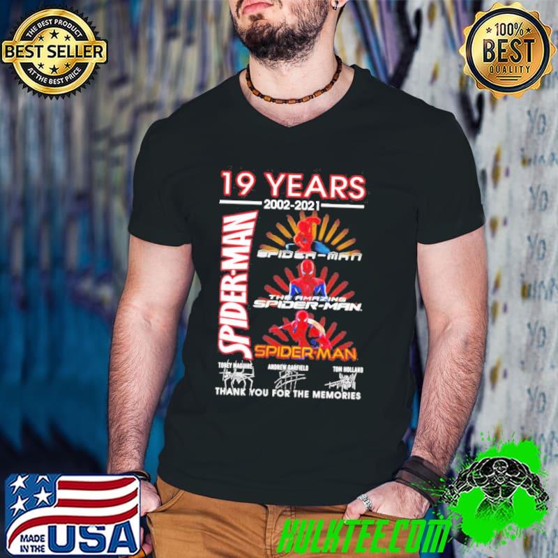 Awesome 19 years 2002-2021 Spider Man Tobey Maguire Andrew Garfield Tom Holland signatures shirt