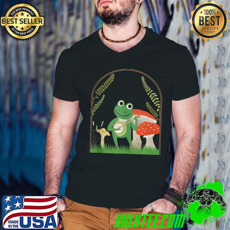 Awesome Cottagecore Aesthetic Frog Playing Banjo on Mushroom T-Shirt