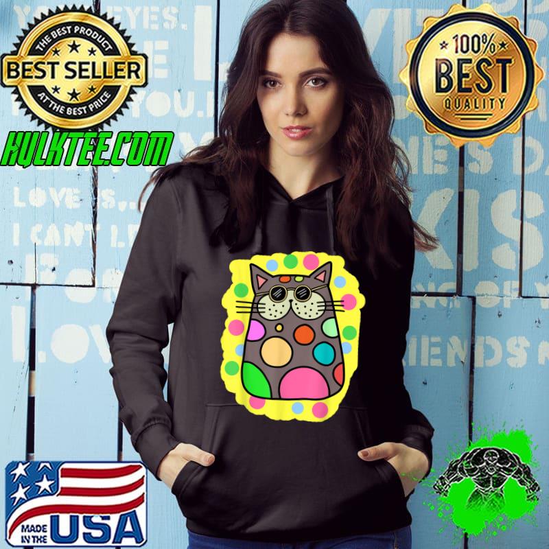 Fat Gray Doodle Cat Dots Yellow Green Blue, SandyMApparel T-Shirt