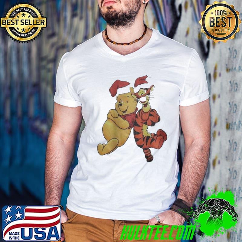 Funny Cute pooh and tiger hat santa happy merry christmas shirt