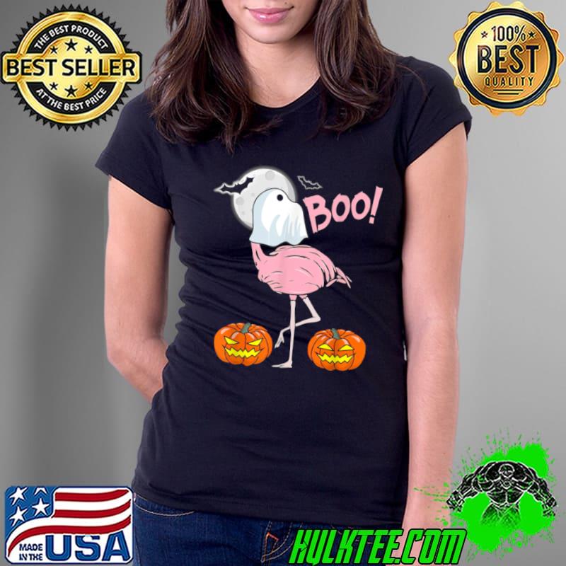 Funny Flamingo Ghost Boo Pink Sunset Retro Halloween Bird Animal T Shirt Ladies Tee Funny Flamingo Ghost Boo Pink Sunset Retro Halloween Bird Animal T Shirt Ladies Tee