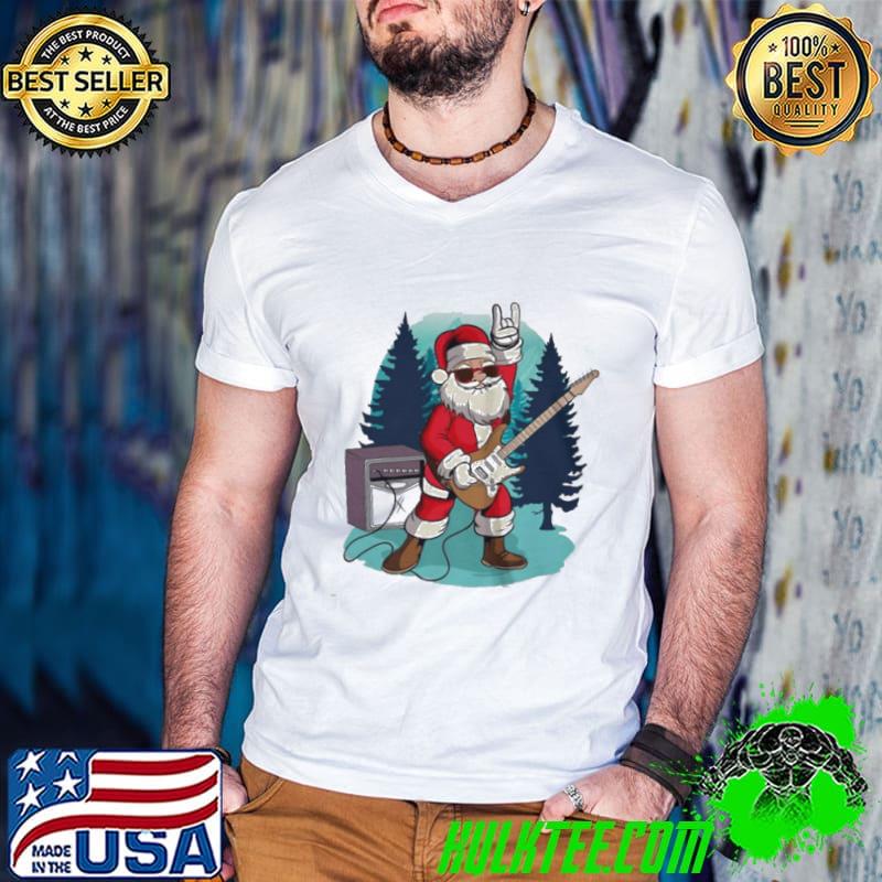 Funny Santa claus playing guitar rock christmas music shirt