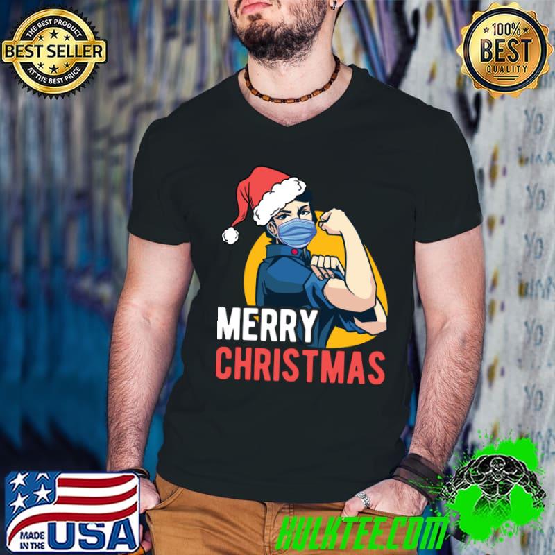 Merry Christmas Woman With Face Mask Funny Xmas T- Guys V Neck Merry Christmas Woman With Face Mask Funny Xmas T- Guys V Neck