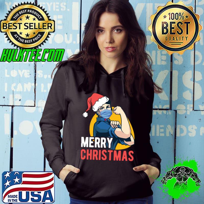 Merry Christmas Woman With Face Mask Funny Xmas T-shirt