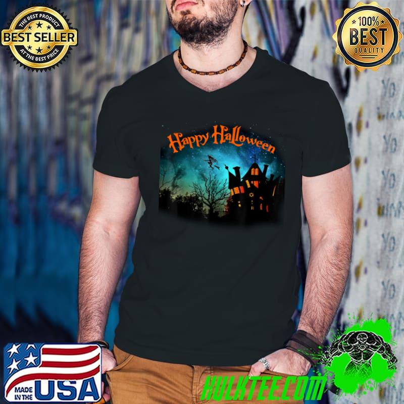 Nice Creepy Halloween House with a Witch Flying T Shirt