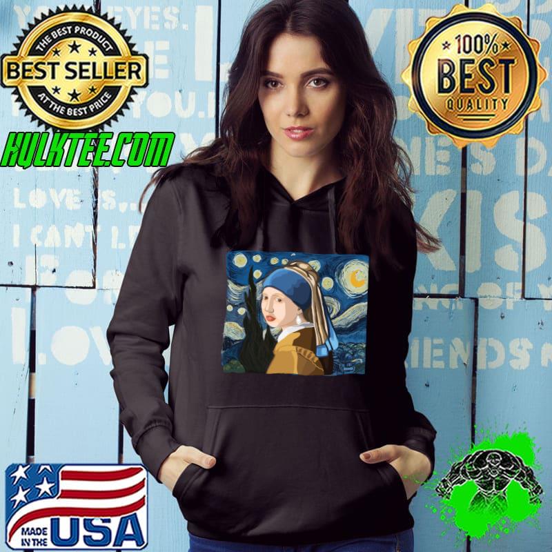 Premium Girl With Pearl Ear Ring and Van Gogh Starry Night T-Shirt Hoodie Premium Girl With Pearl Ear Ring and Van Gogh Starry Night T-Shirt Hoodie
