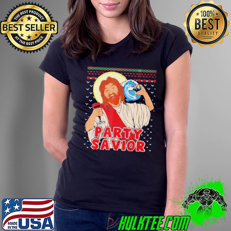 Premium Party savior Jesus christ santa beer ugly christmas Ladies Tee Premium Party savior Jesus christ santa beer ugly christmas Ladies Tee