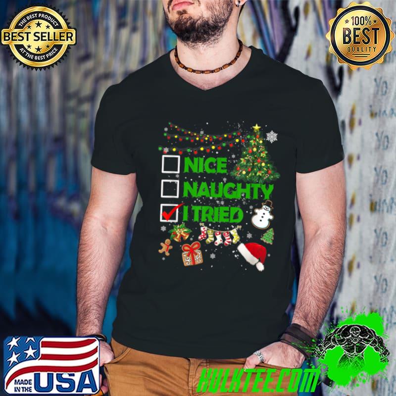 Top Christmas Nice Naughty I Tried Xmas Tree Light Pajamas T Shirt