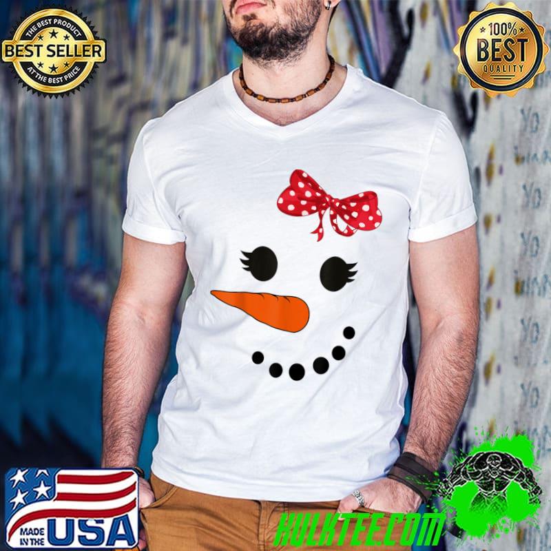 Top Snowman Face with Carrot Nose Snowgirl Red Bow Girls Women T-Shirt