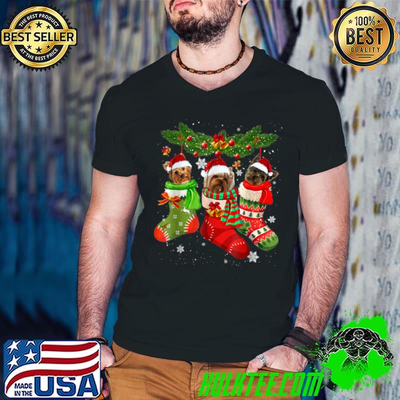 Top Three Yorkshire Terrier In Sock Christmas Santa X mas T Shirt