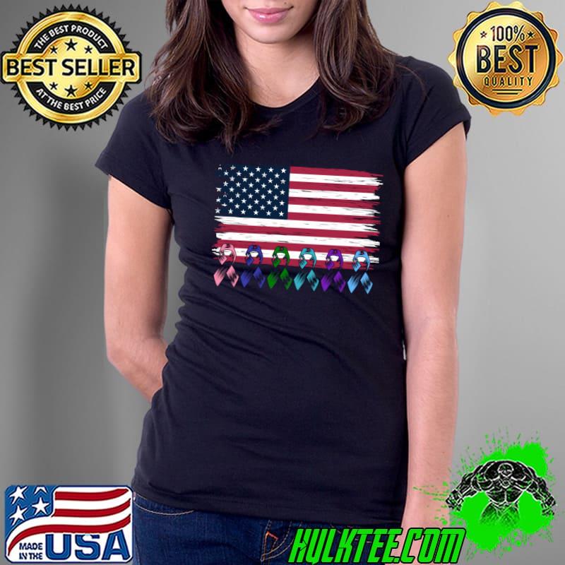 Official Proud Cancer Warrior Ribbon US Flag Cancer Awareness T- Ladies Tee Official Proud Cancer Warrior Ribbon US Flag Cancer Awareness T- Ladies Tee