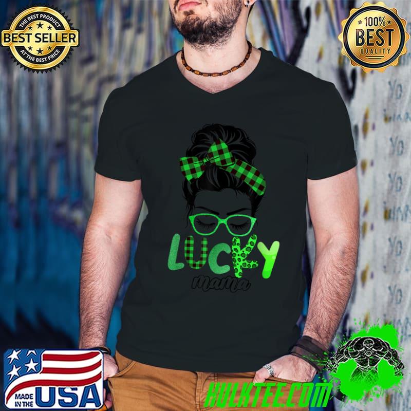 Premium Lucky Mama Leopard Plaid Messy Bun Irish St Patricks Day T-Shirt Guys V Neck Premium Lucky Mama Leopard Plaid Messy Bun Irish St Patricks Day T-Shirt Guys V Neck