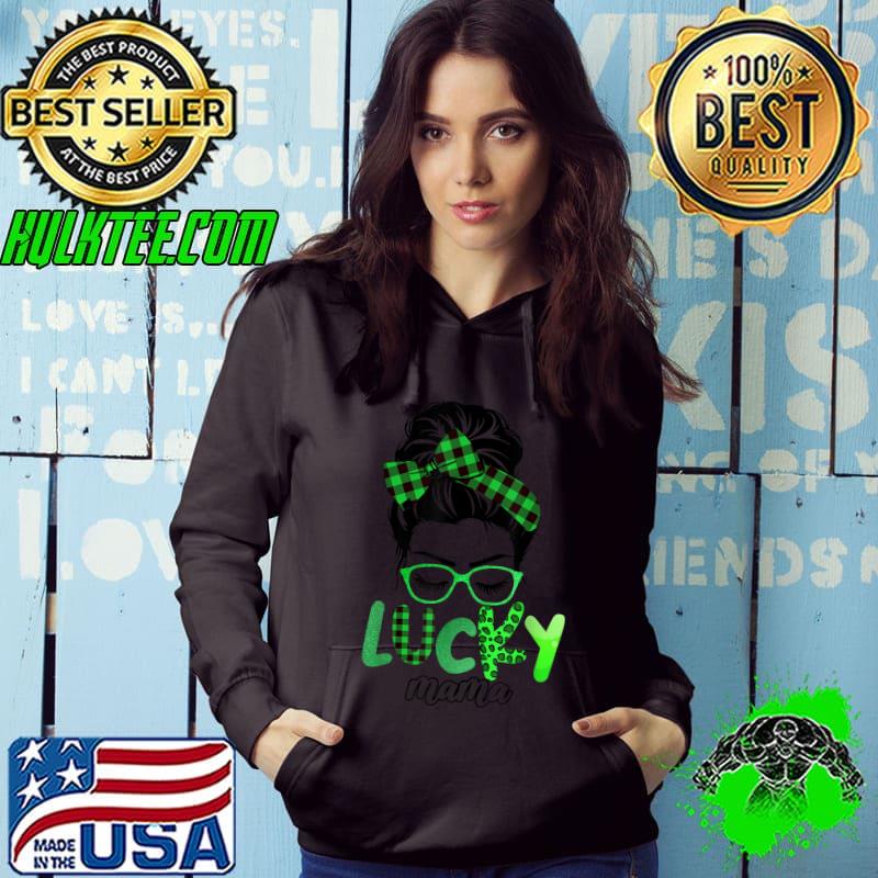 Premium Lucky Mama Leopard Plaid Messy Bun Irish St Patricks Day T-Shirt