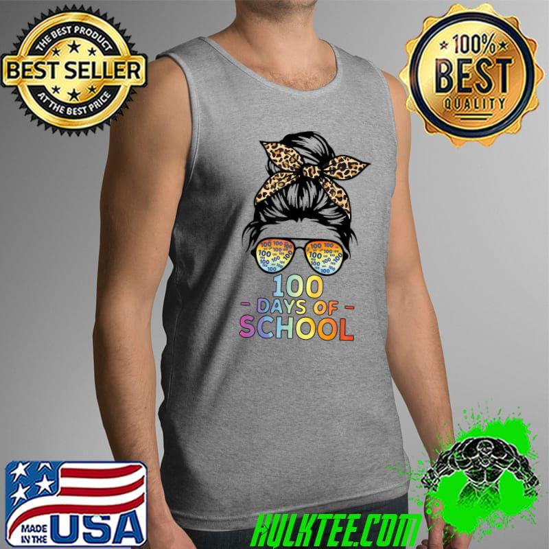 Top 100 Days Of School Teacher Women Messy Bun Leopard T-Shirt Tank Top Top 100 Days Of School Teacher Women Messy Bun Leopard T-Shirt Tank Top