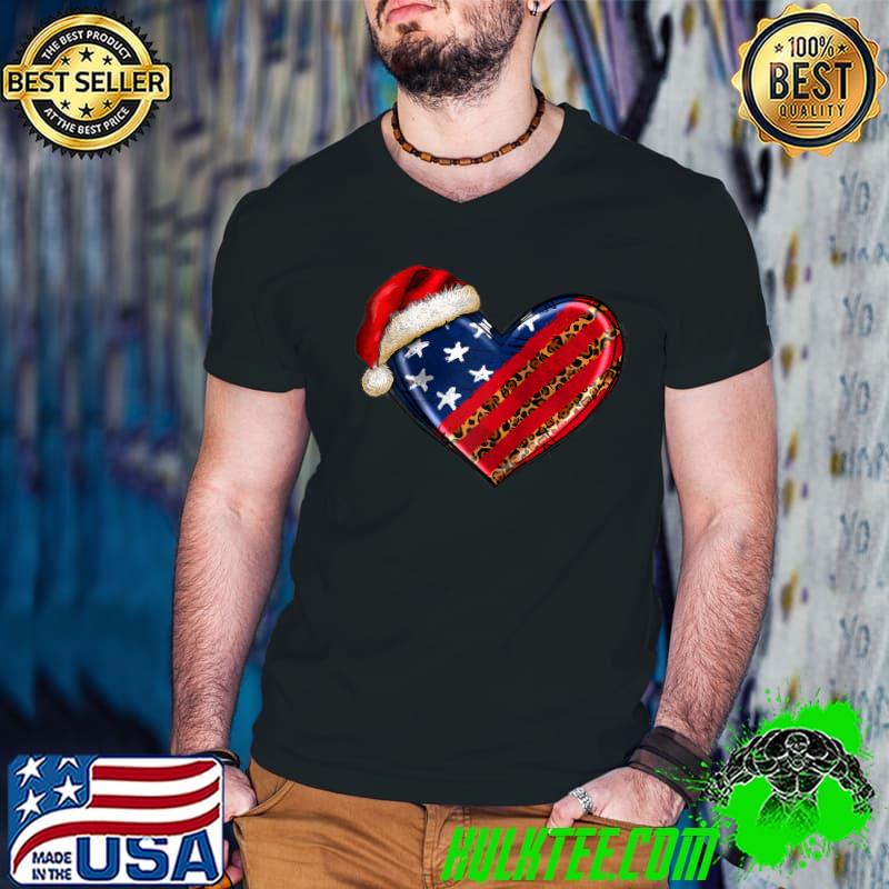 American Flag Heart Merry Christmas Santa Hat Leopard Xmas T-shirt