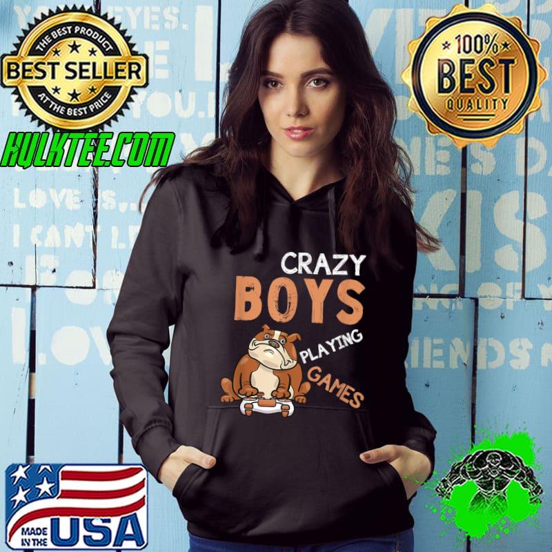 Crazy Boys Playing Games Videogame English Bulldog Dog Cute T-Shirt