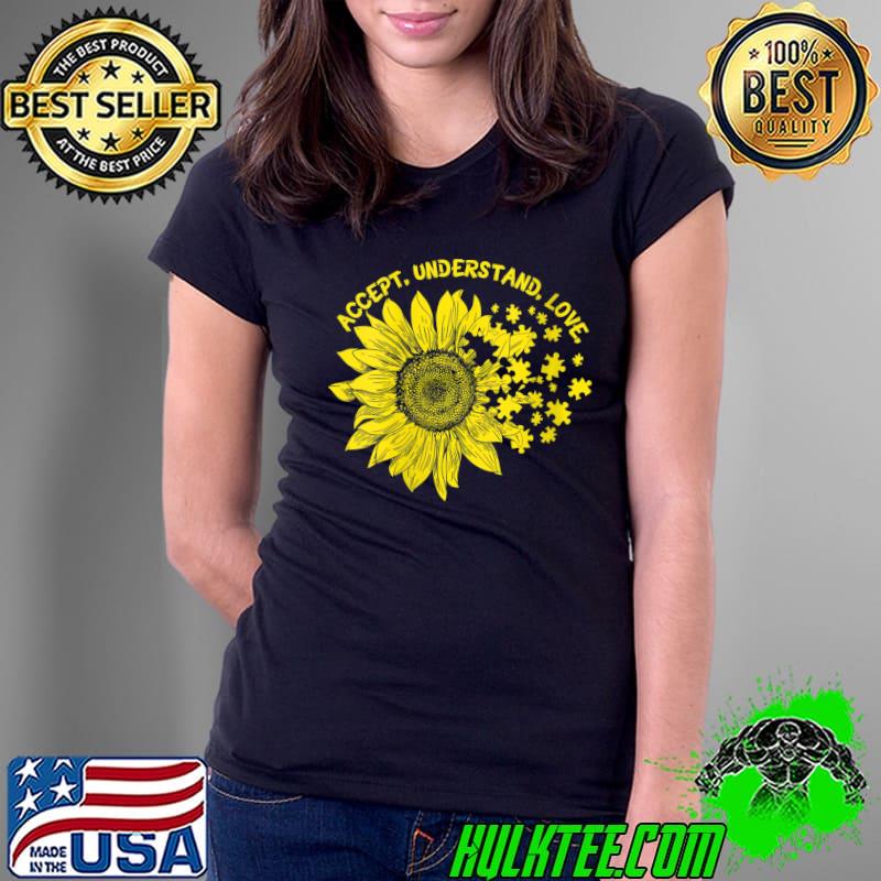 Floral Autism Awareness Sunflower For Mom Women Accept Love T-shirt