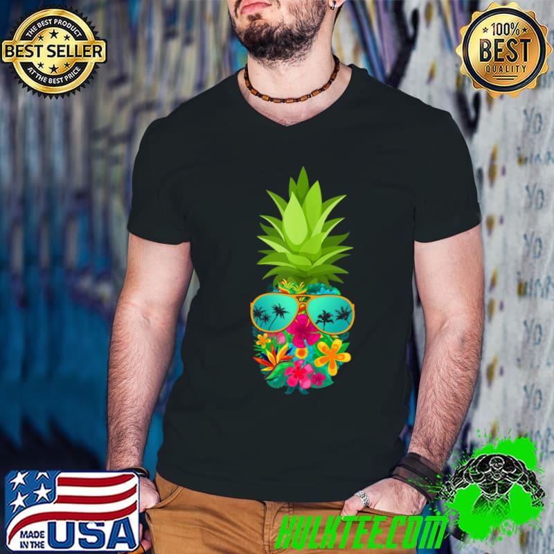 Flower Pineapple With Sunglasses Hawaiian T- Guys V Neck Flower Pineapple With Sunglasses Hawaiian T- Guys V Neck