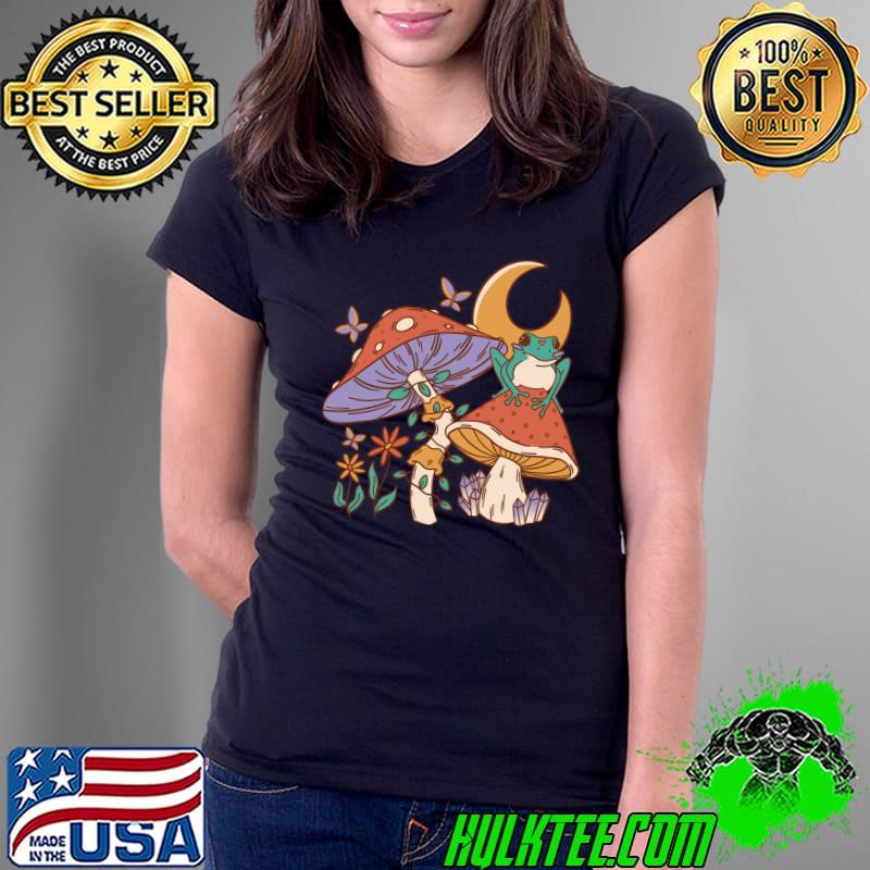 Frog Cottagecore Aesthetic Mushroom Moon Crystal Fungi Retro T-shirt