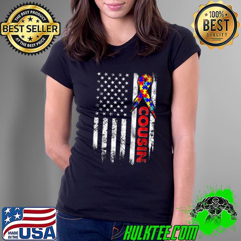 Autism Cousin Shirts Grunge USA American Flag Puzzle Ribbon T-Shirt Ladies Tee Autism Cousin Shirts Grunge USA American Flag Puzzle Ribbon T-Shirt Ladies Tee